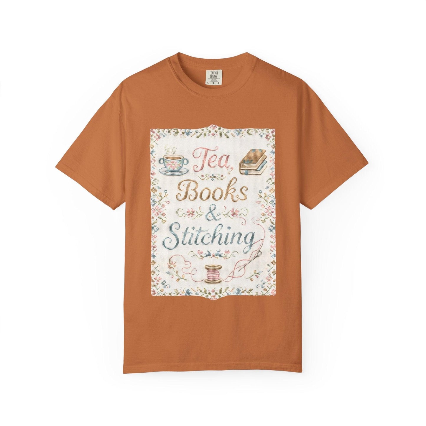 Tea Books & Stitching T-shirt | Reading, Sewing, Cozy Hobby Design
