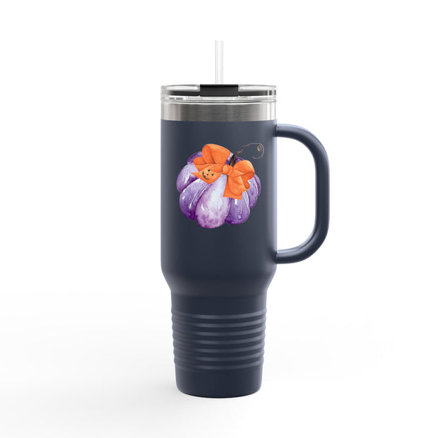 Purple Pumpkin Wrapped In A Bow Insulated Travel Mug, 40oz