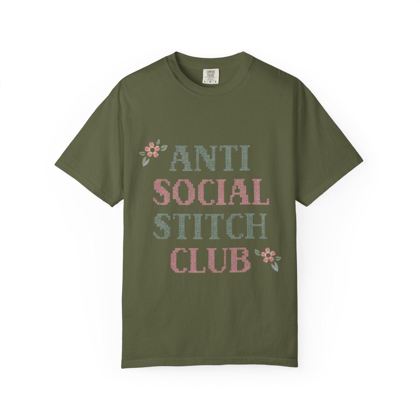 Anti Social Stitch Club T-shirt | Cross Stitch Floral Text Design