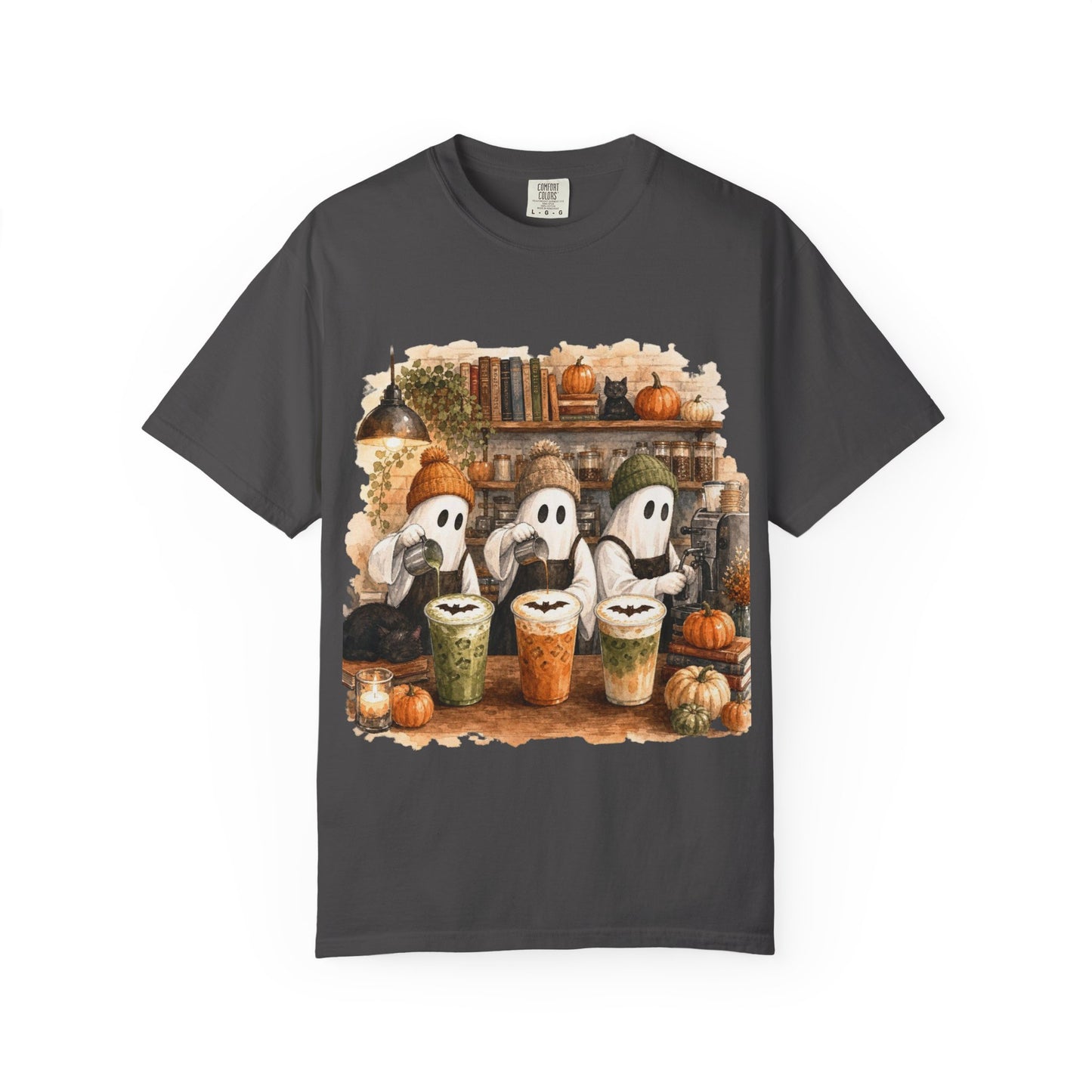 Ghost Trio with Pumpkin Lattes T-Shirt, Cute Halloween Coffee Shirt, Cozy Fall Ghost Tee, Pumpkin Spice Graphic, Autumn Coffee Lover Gift