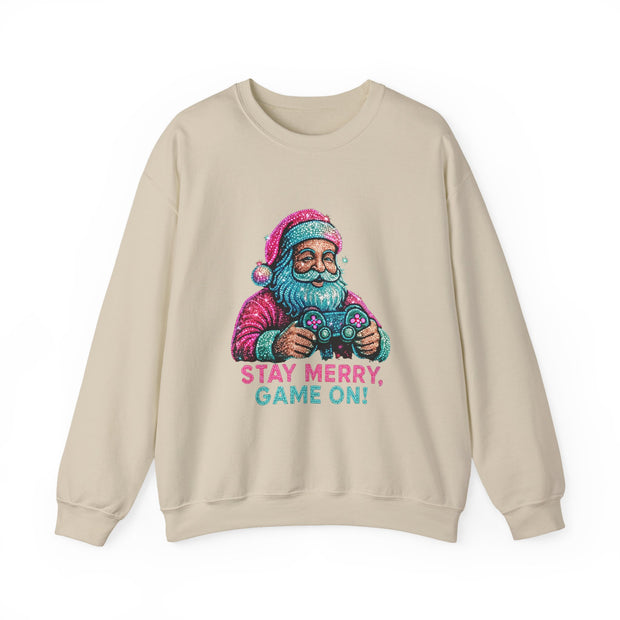 Santa with Game Controller Crewneck, Stay Merry Game On Holiday Sweatshirt