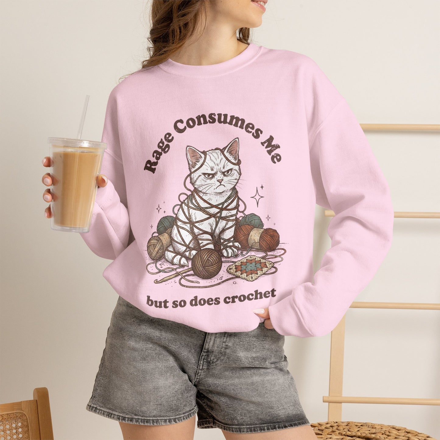 Rage Consumes Me Crochet Cat Shirt, Funny Knitting Tee, Grandma Hobbies Sweatshirt