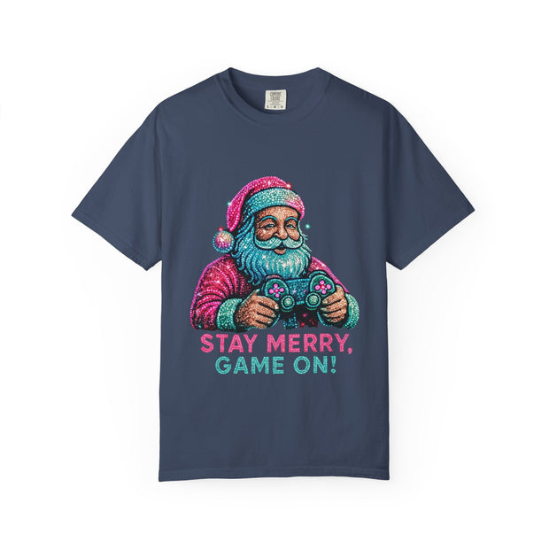 Stay Merry Game On Santa T-Shirt | Christmas Gaming Tee