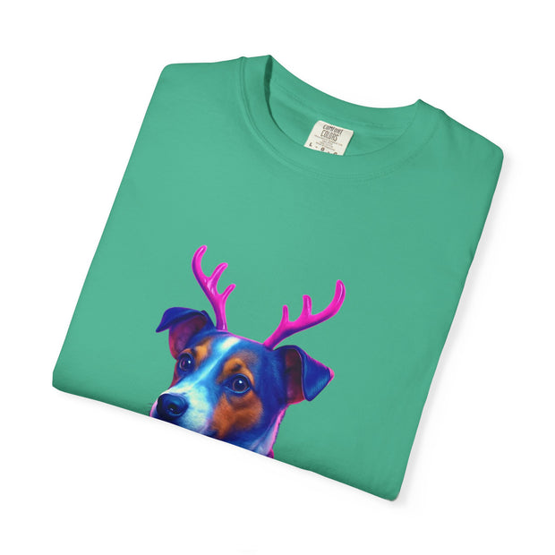 Jack Russell in Reindeer Sweater T-shirt | Neon Holiday Dog Design