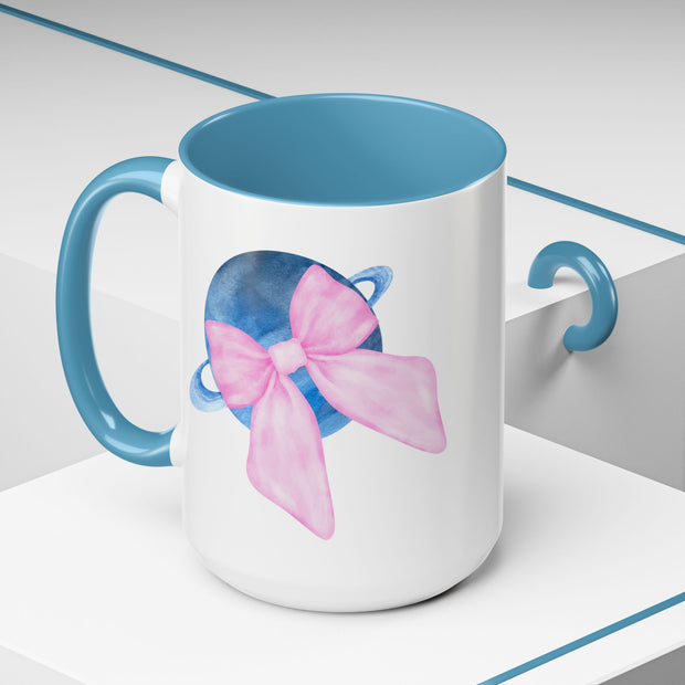 Blue Saturn Wrapped In A Pink Bow Accent Coffee Mug