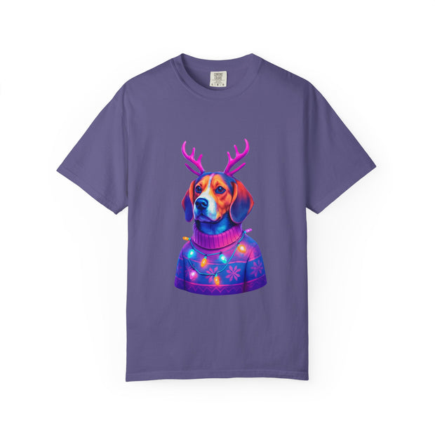 Neon Beagle in Reindeer Antlers T-Shirt | Christmas Dog Sweater Design