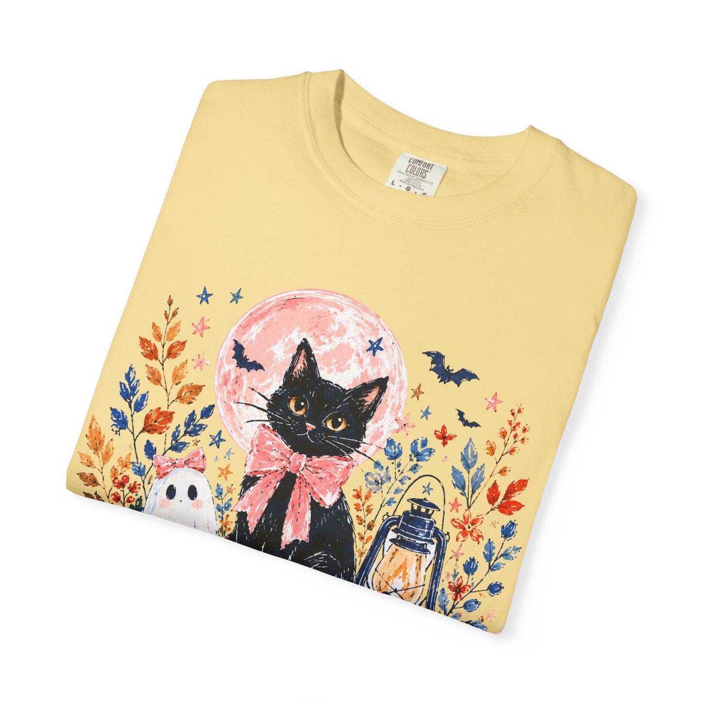 Black Cat with Pumpkins T-shirt | Halloween Moon Lantern Floral Design