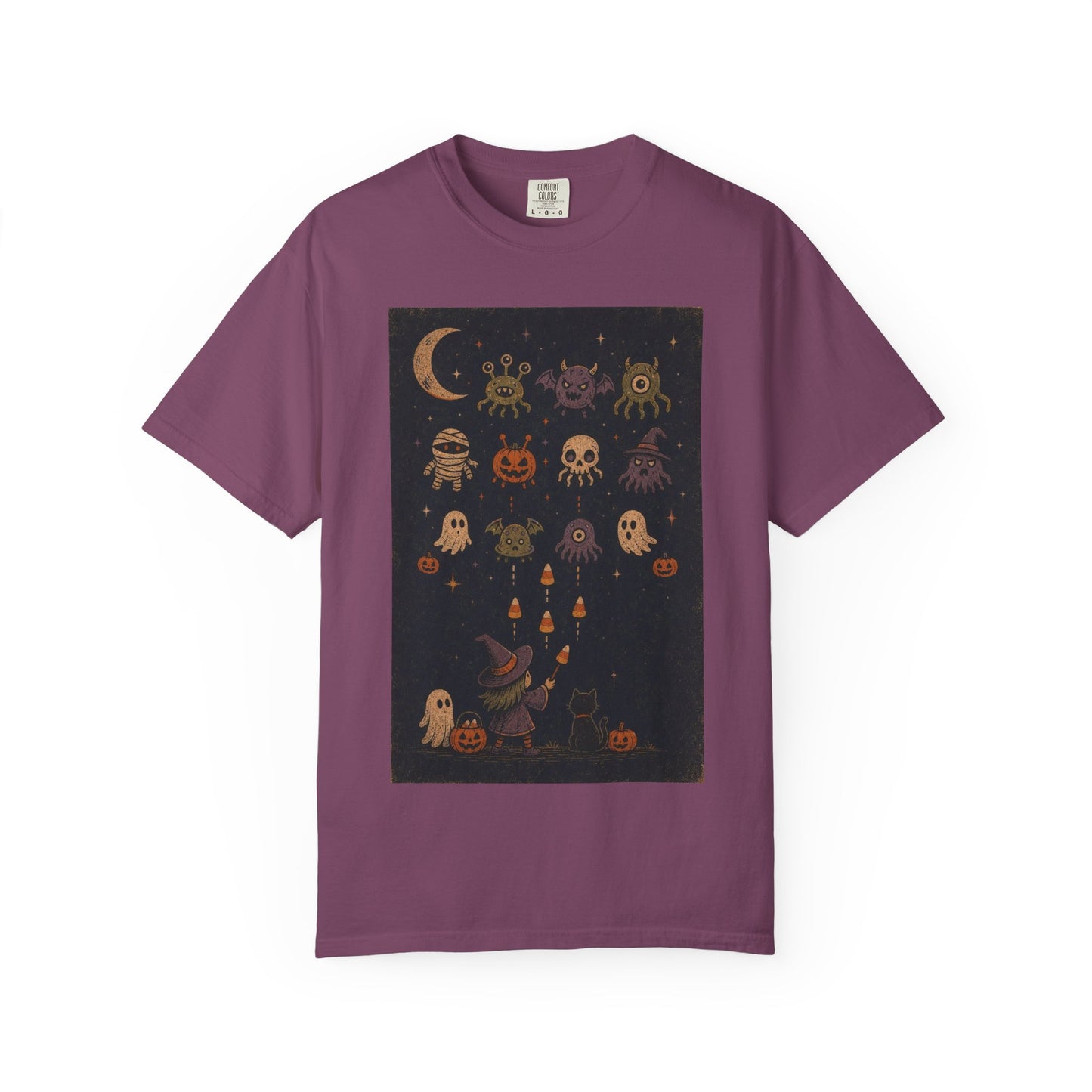 Cute Halloween Witch and Ghosts T-Shirt | Pumpkin Moon Spooky Illustration