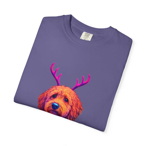 Golden Doodle in Reindeer Antler Sweater T-Shirt | Holiday Dog Portrait