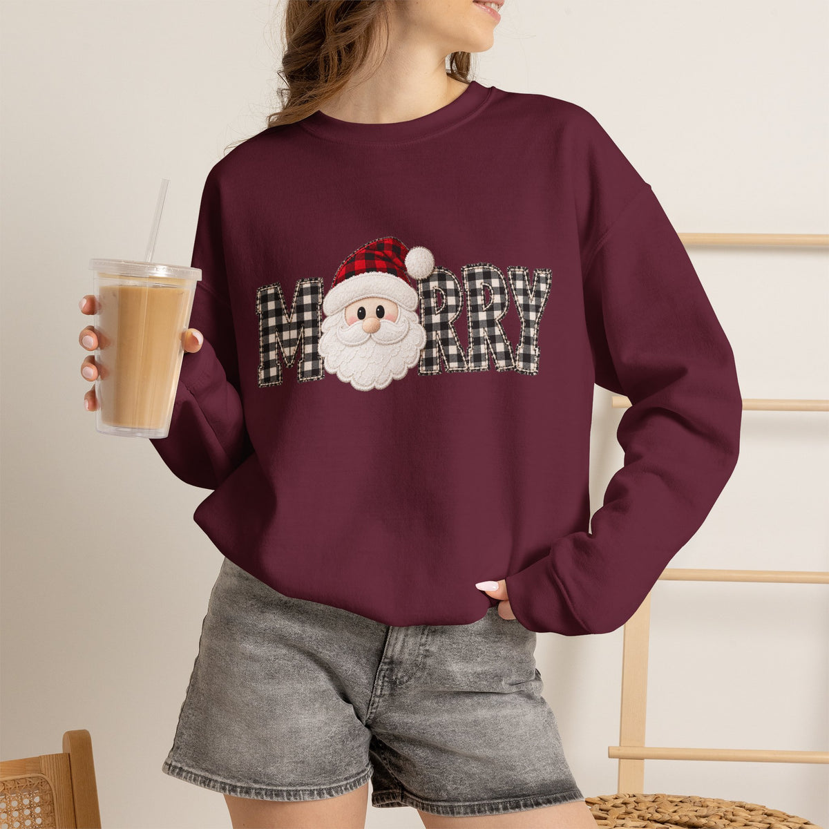 Merry Christmas Sweatshirt, Santa Christmas Crewneck, Plaid Holiday Sweater, Cute Santa Shirt, Cozy Christmas Gift for Her