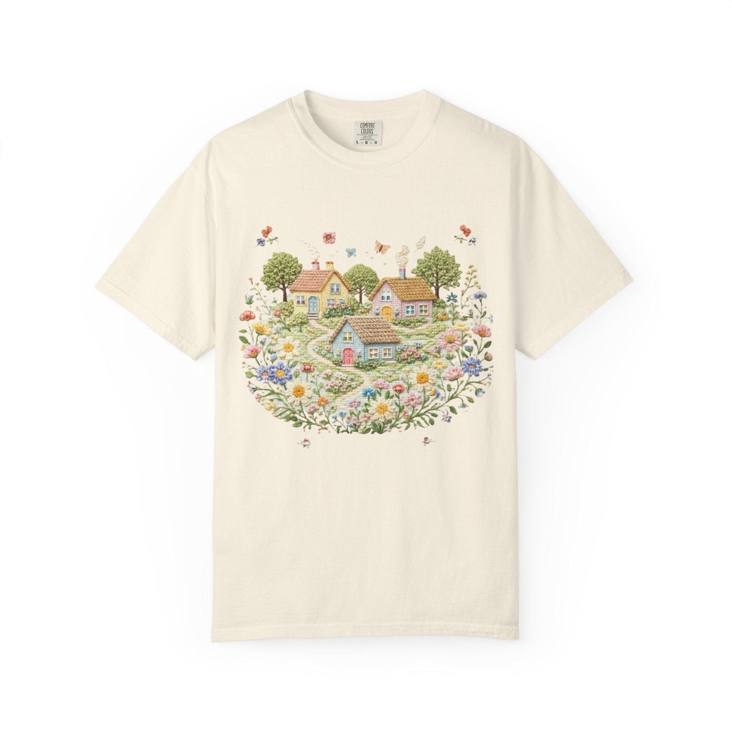 Cottage Garden Landscape T-shirt | Floral Village Illustration