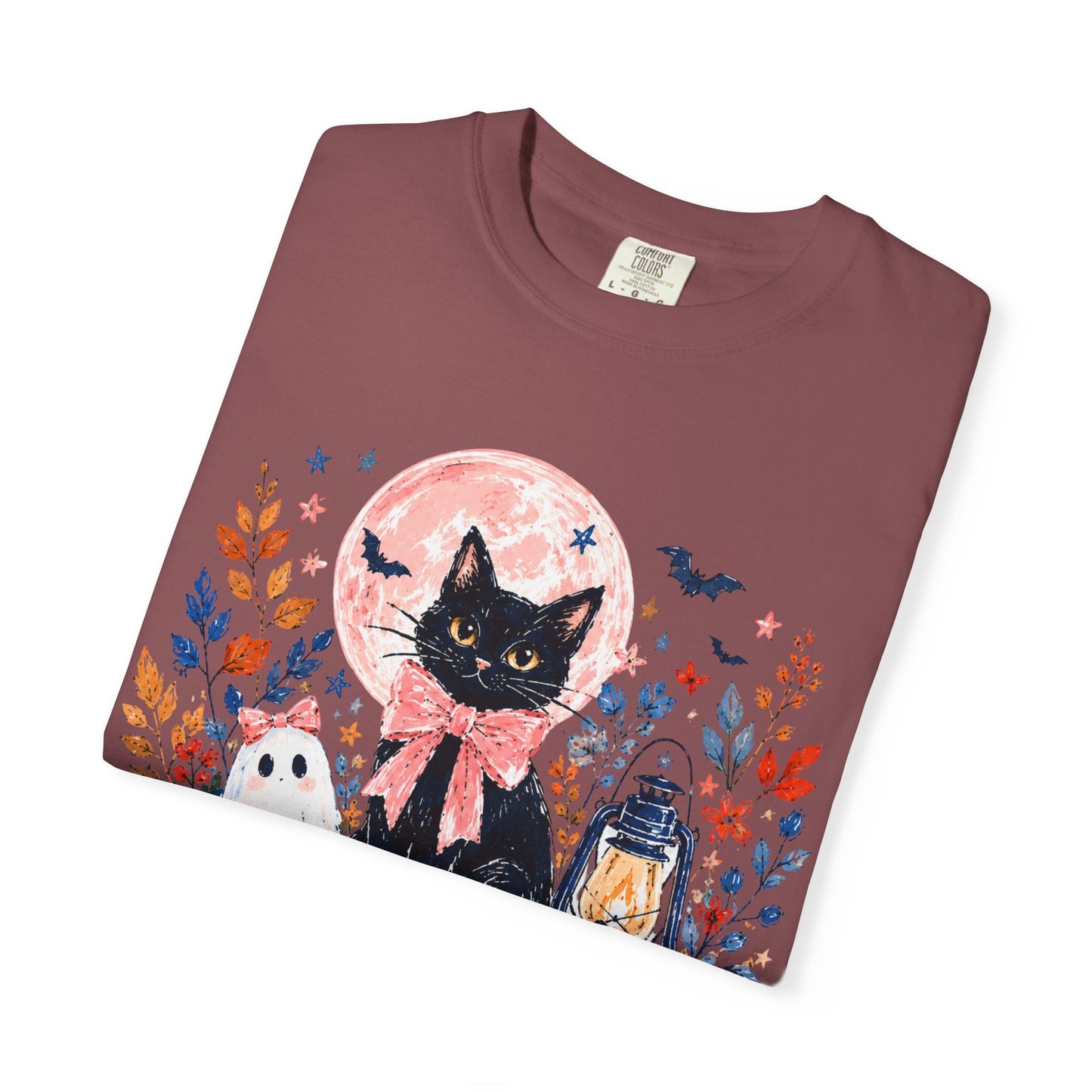 Black Cat with Pumpkins T-shirt | Halloween Moon Lantern Floral Design