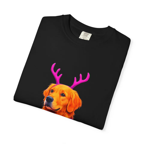 Golden Retriever with Antlers sweater T-Shirt | Neon Holiday Dog Design