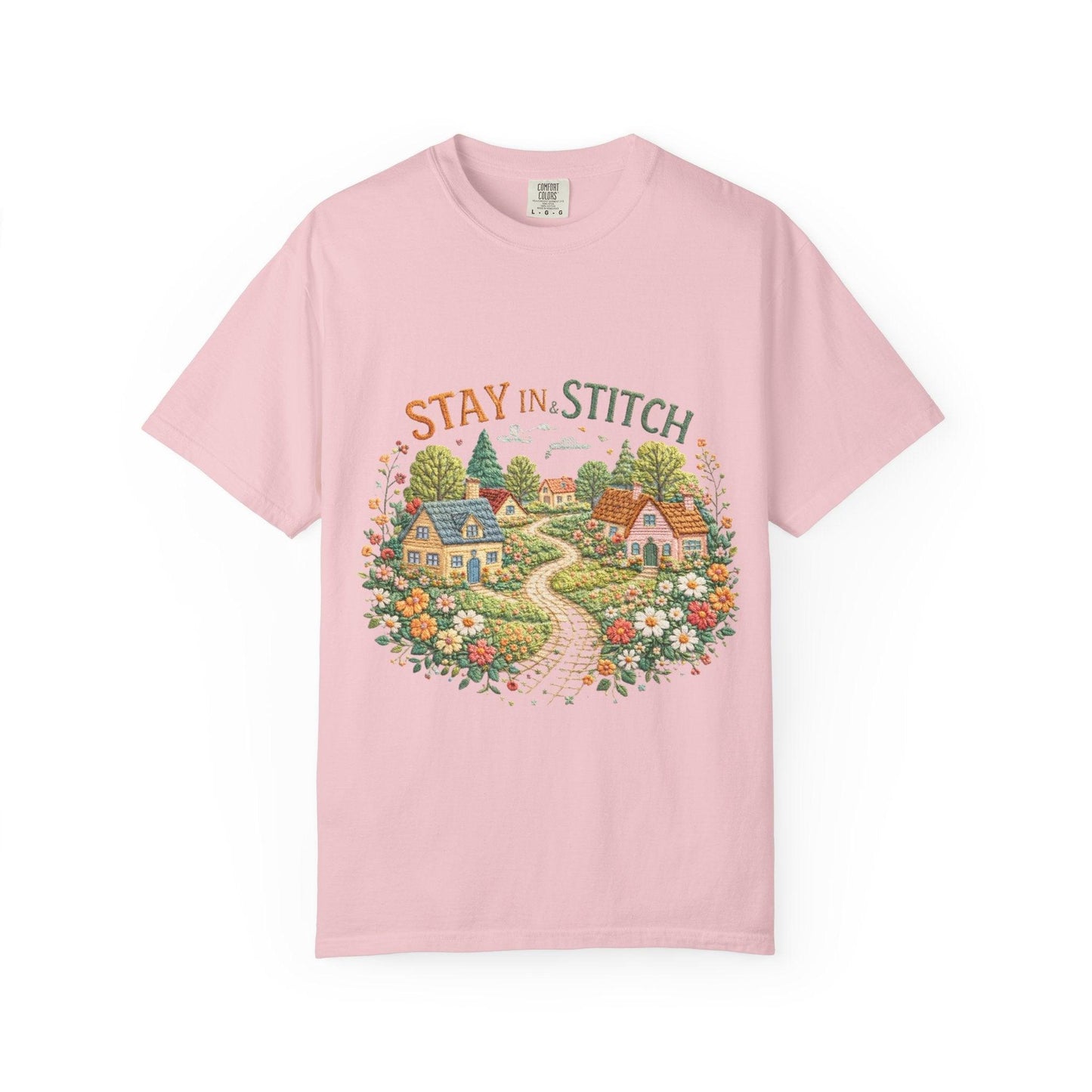Stay In and Stitch Shirt, Cottagecore Sewing Tee, Grandma Hobbies Top, Vintage Cross Stitch Floral Village