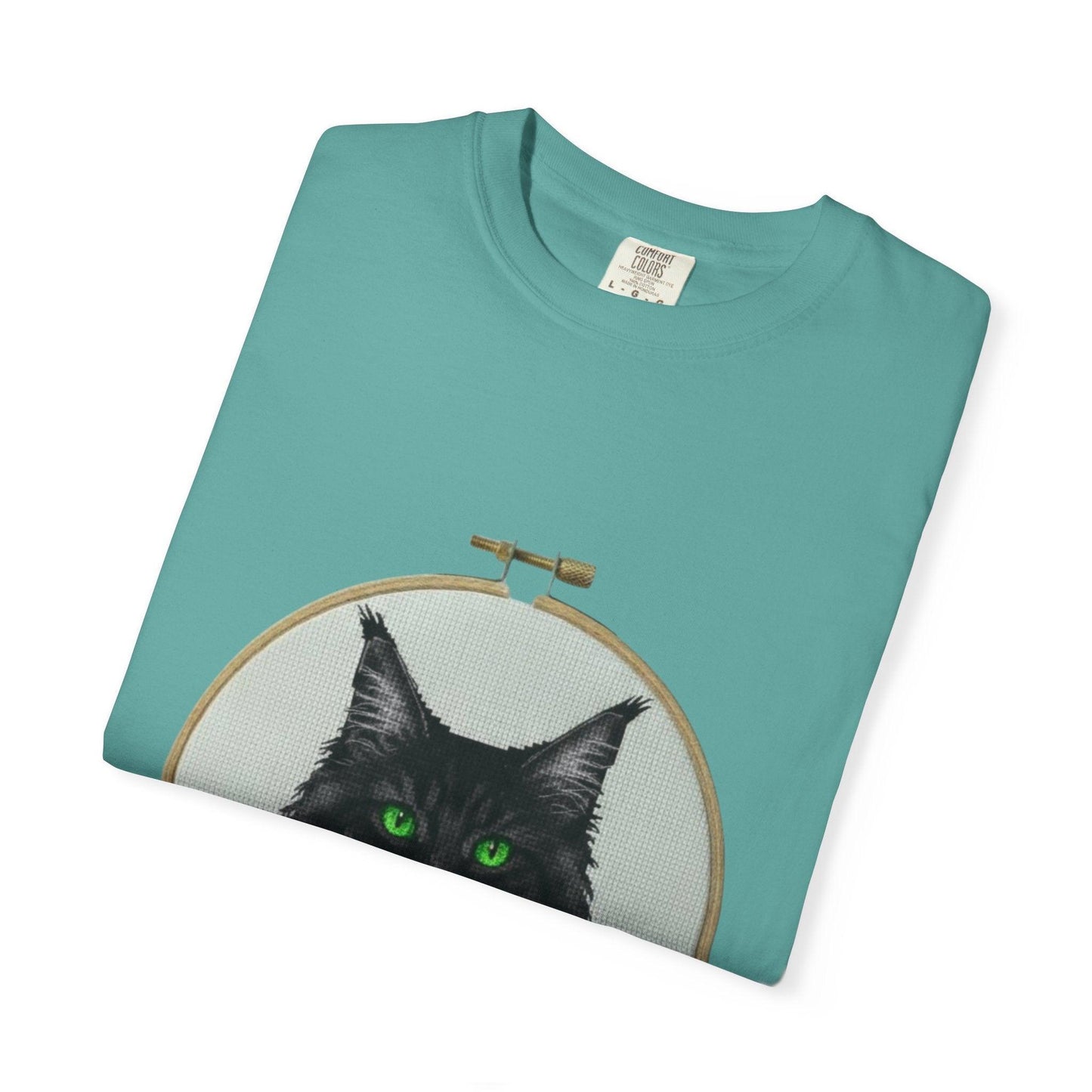 Black Cat Portrait T-Shirt | Embroidery Hoop Art, Green Eyes