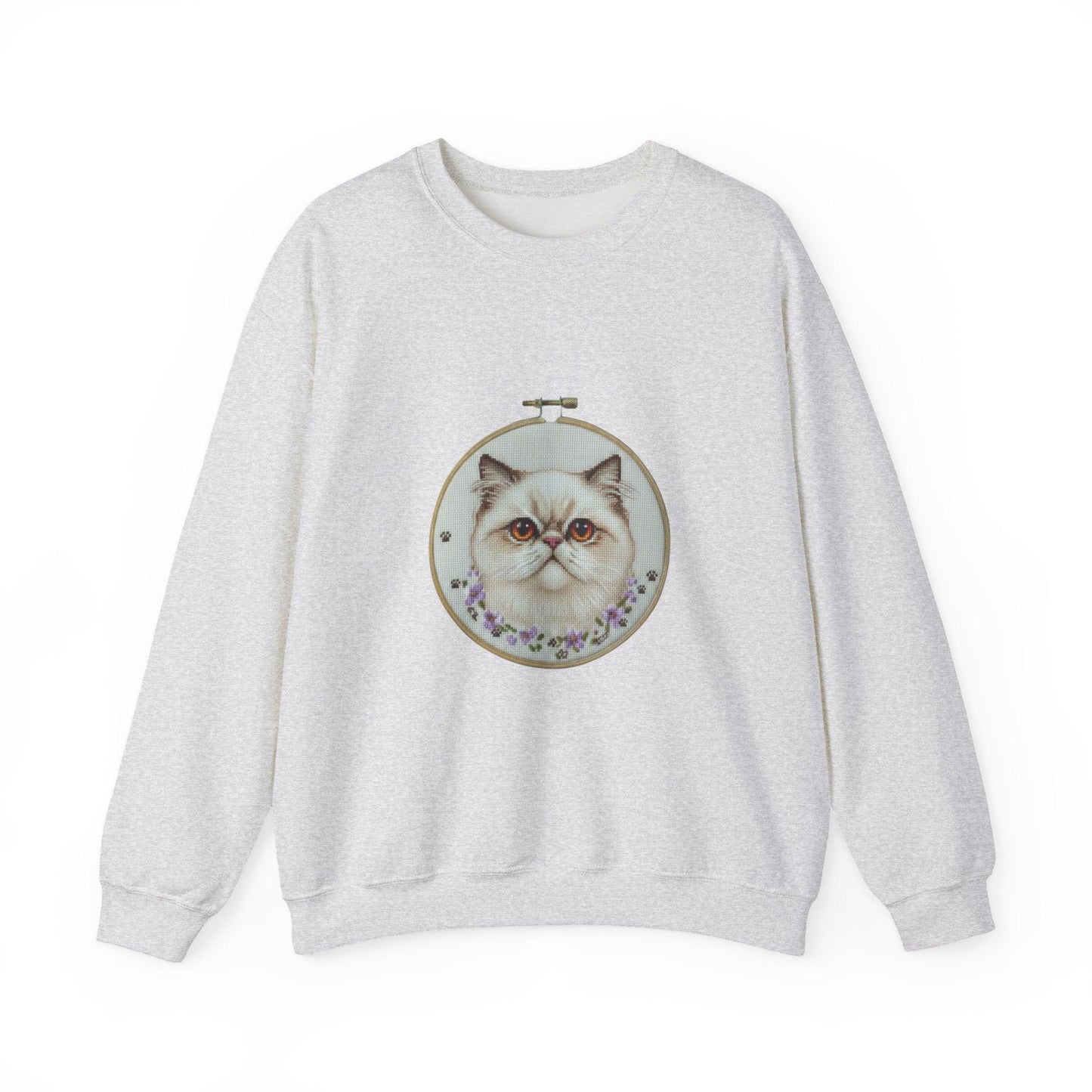 Grumpy Persian Cat Portrait Crewneck sweatshirt | Floral Embroidery Hoop Art