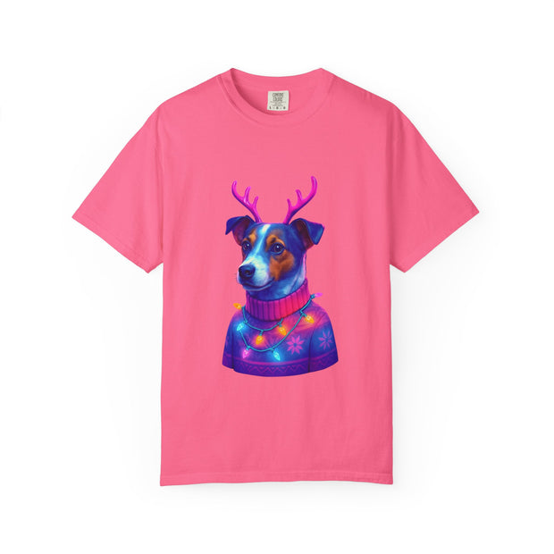 Jack Russell in Reindeer Sweater T-shirt | Neon Holiday Dog Design