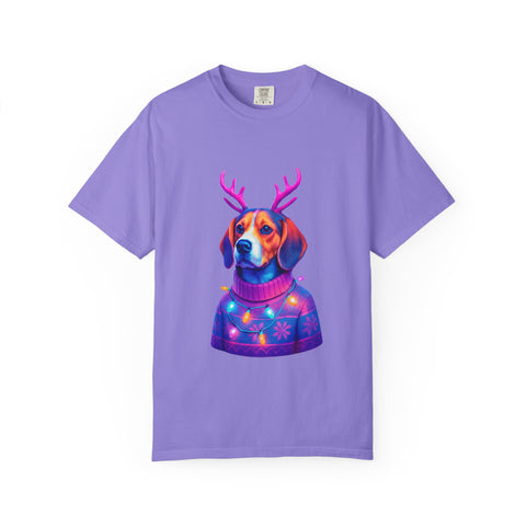 Neon Beagle in Reindeer Antlers T-Shirt | Christmas Dog Sweater Design