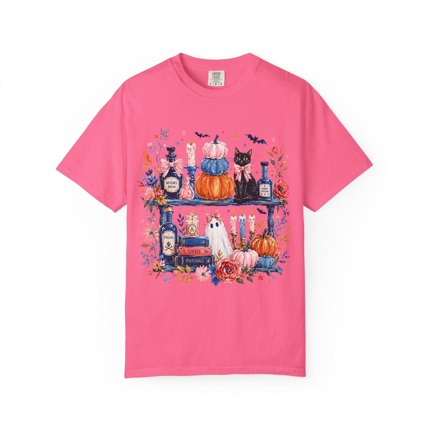 Autumn Apothecary Illustration T-shirt | Pumpkins, Black Cat, Potion Bottles