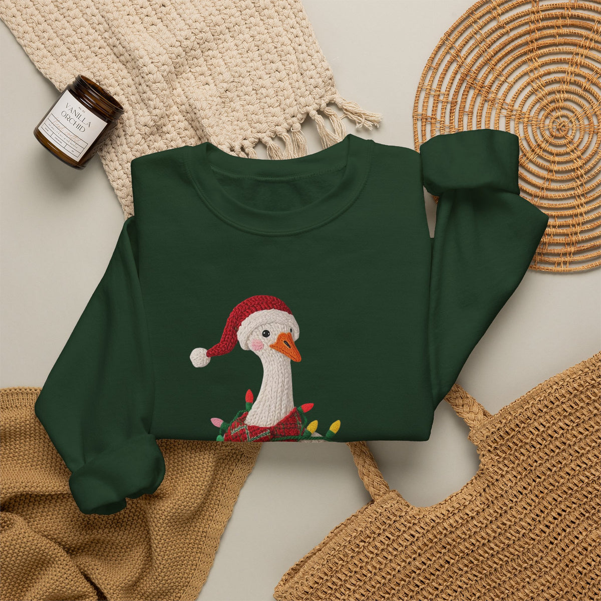 Christmas Goose Wearing Santa Hat Crewneck Sweatshirt | Holiday Duck in Lights