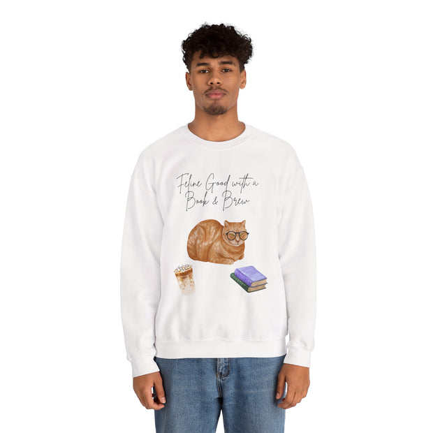 'Feline Good With A Book & Brew' Unisex Crewneck Sweatshirt