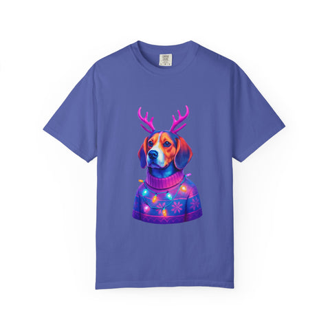 Neon Beagle in Reindeer Antlers T-Shirt | Christmas Dog Sweater Design