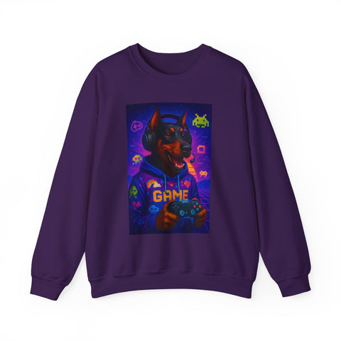 Gaming Doberman Graphic Crewneck Sweatshirt | Retro Arcade Dog Gamer