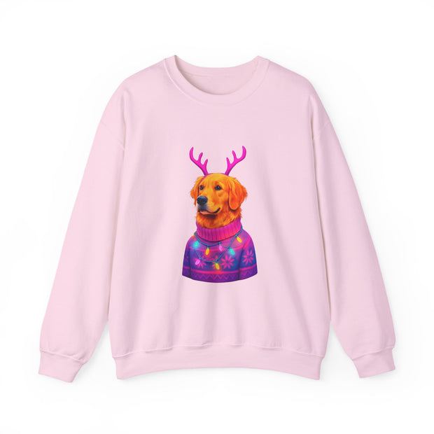 Golden Retriever in Festive Sweater Sweatshirt | Reindeer Antlers Holiday Dog