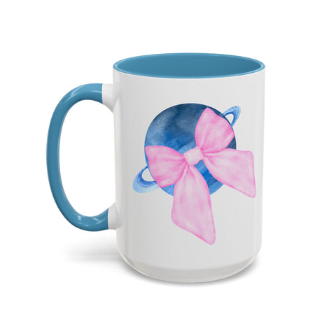 Blue Saturn Wrapped In A Pink Bow Accent Coffee Mug