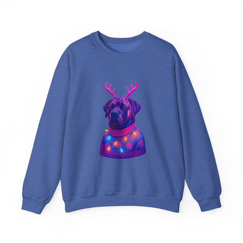 Neon Reindeer English Mastiff Sweatshirt | Dog with Antlers, Holiday Lights Sweater