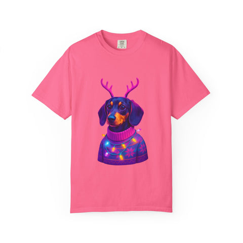 Dachshund in Reindeer Antlers T-Shirt | Christmas Sweater Lights Design