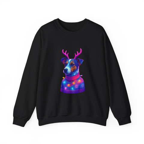 Neon Jack Russell in Reindeer Antlers Sweatshirt | Holiday Pet Portrait