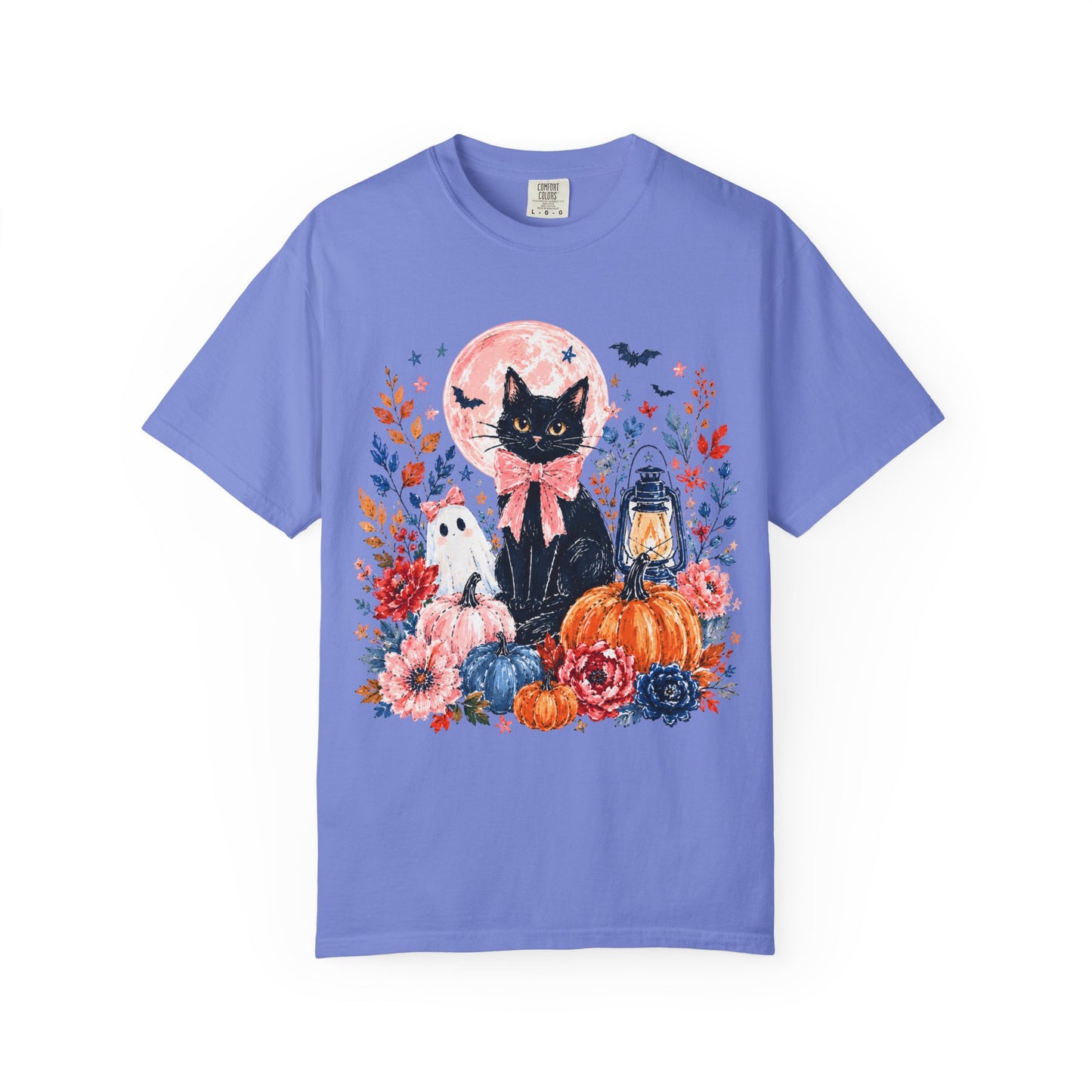 Black Cat with Pumpkins T-shirt | Halloween Moon Lantern Floral Design