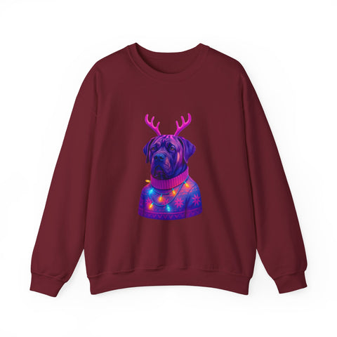 Neon Reindeer English Mastiff Sweatshirt | Dog with Antlers, Holiday Lights Sweater