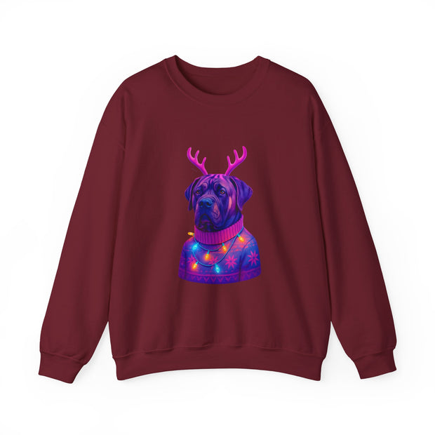 Neon Reindeer English Mastiff Sweatshirt | Dog with Antlers, Holiday Lights Sweater