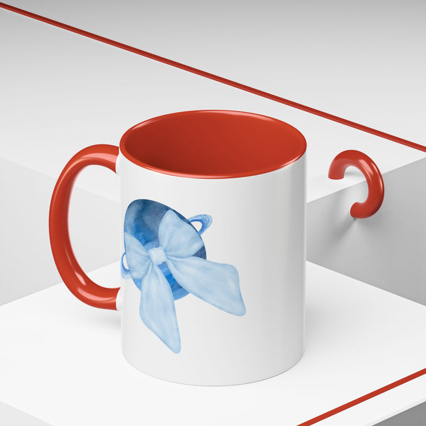 Blue Saturn Wrapped In A Blue Bow Accent Coffee Mug