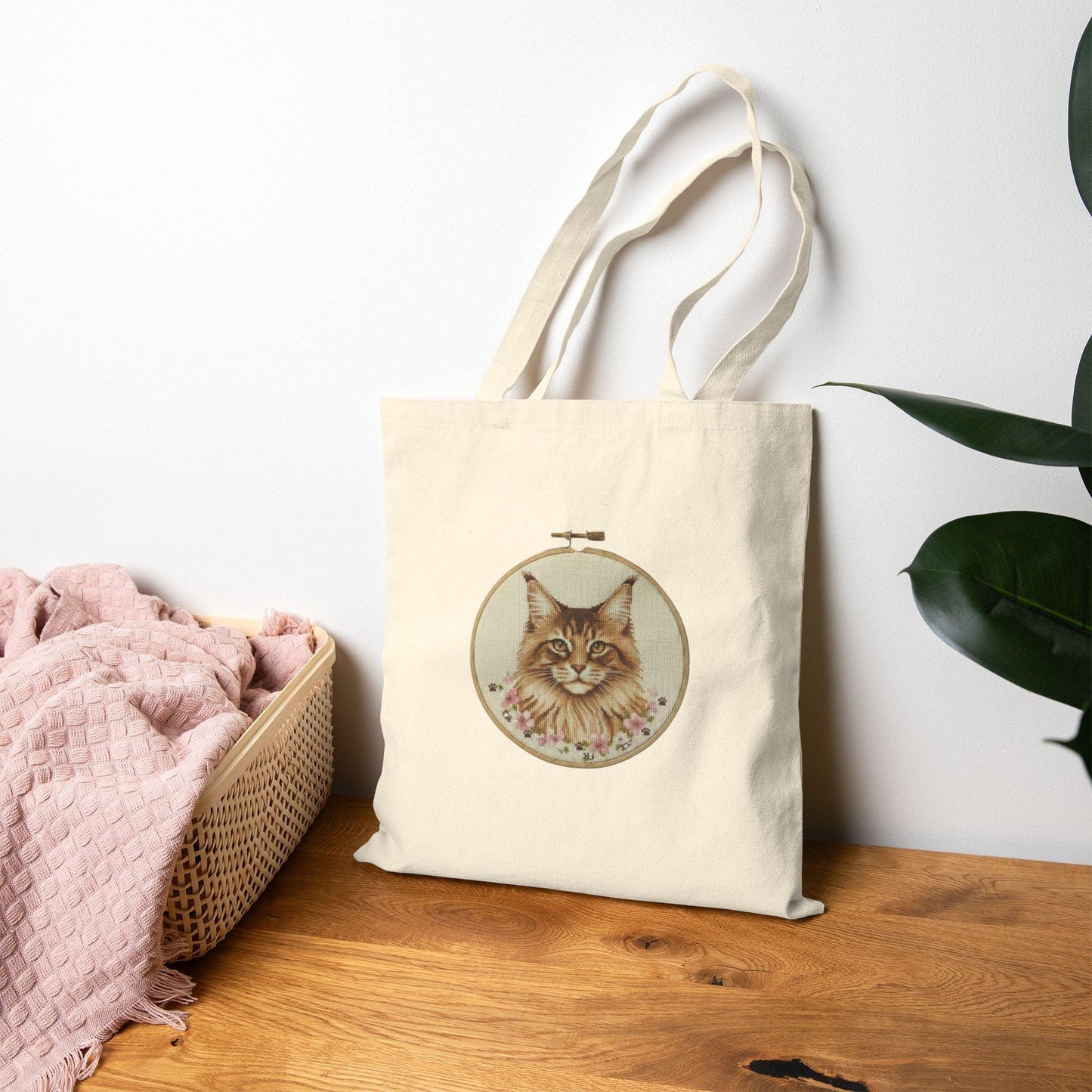 Vintage Floral Cat Portrait Tote Bag | Illustrated Maine Coon Canvas