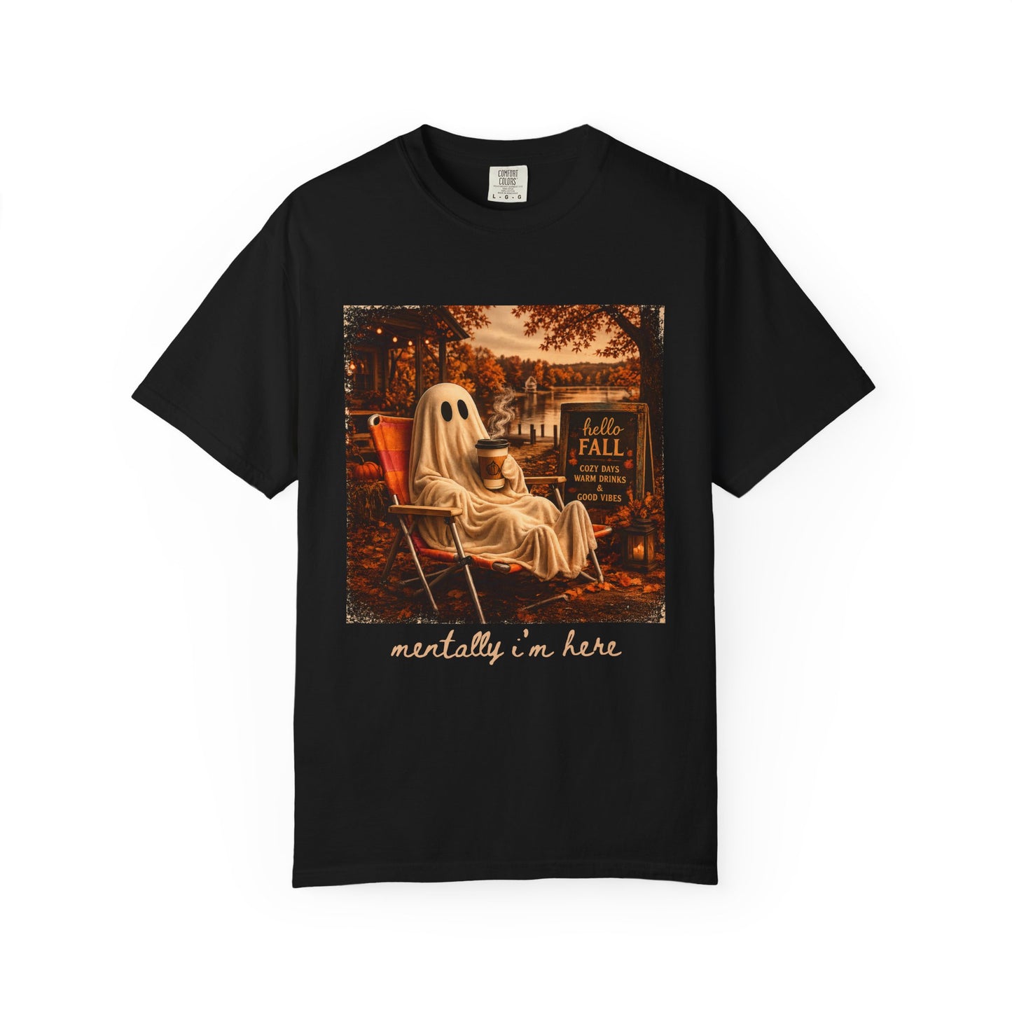 Cozy Ghost in Chair Fall T-shirt | Autumn Leaves, Retro Halloween Scene, Summerween