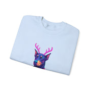 Vibrant Doberman Antlers Sweatshirt, Quirky Animal Crewneck, Cozy Holiday Gift, Fun Winter Apparel, Casual Style Top