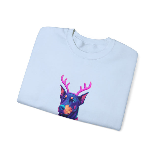 Vibrant Doberman Antlers Sweatshirt, Quirky Animal Crewneck, Cozy Holiday Gift, Fun Winter Apparel, Casual Style Top