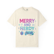 Merry and Nerdy T-Shirt, Unisex Gamer Tee, Holiday Gaming Shirt, Fun Christmas Apparel, Gift for Nerds, Cozy Casual Style