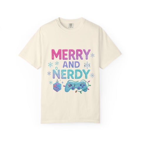 Merry and Nerdy T-Shirt, Unisex Gamer Tee, Holiday Gaming Shirt, Fun Christmas Apparel, Gift for Nerds, Cozy Casual Style