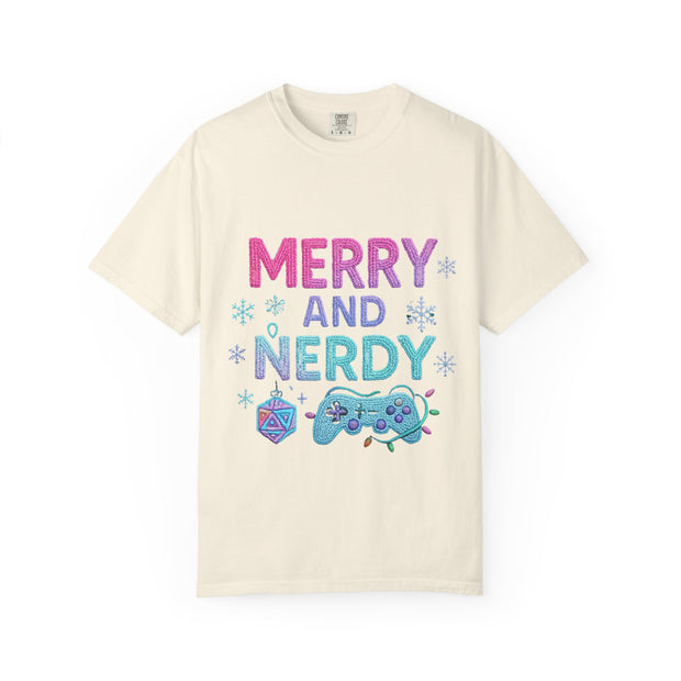 Merry and Nerdy T-Shirt, Unisex Gamer Tee, Holiday Gaming Shirt, Fun Christmas Apparel, Gift for Nerds, Cozy Casual Style