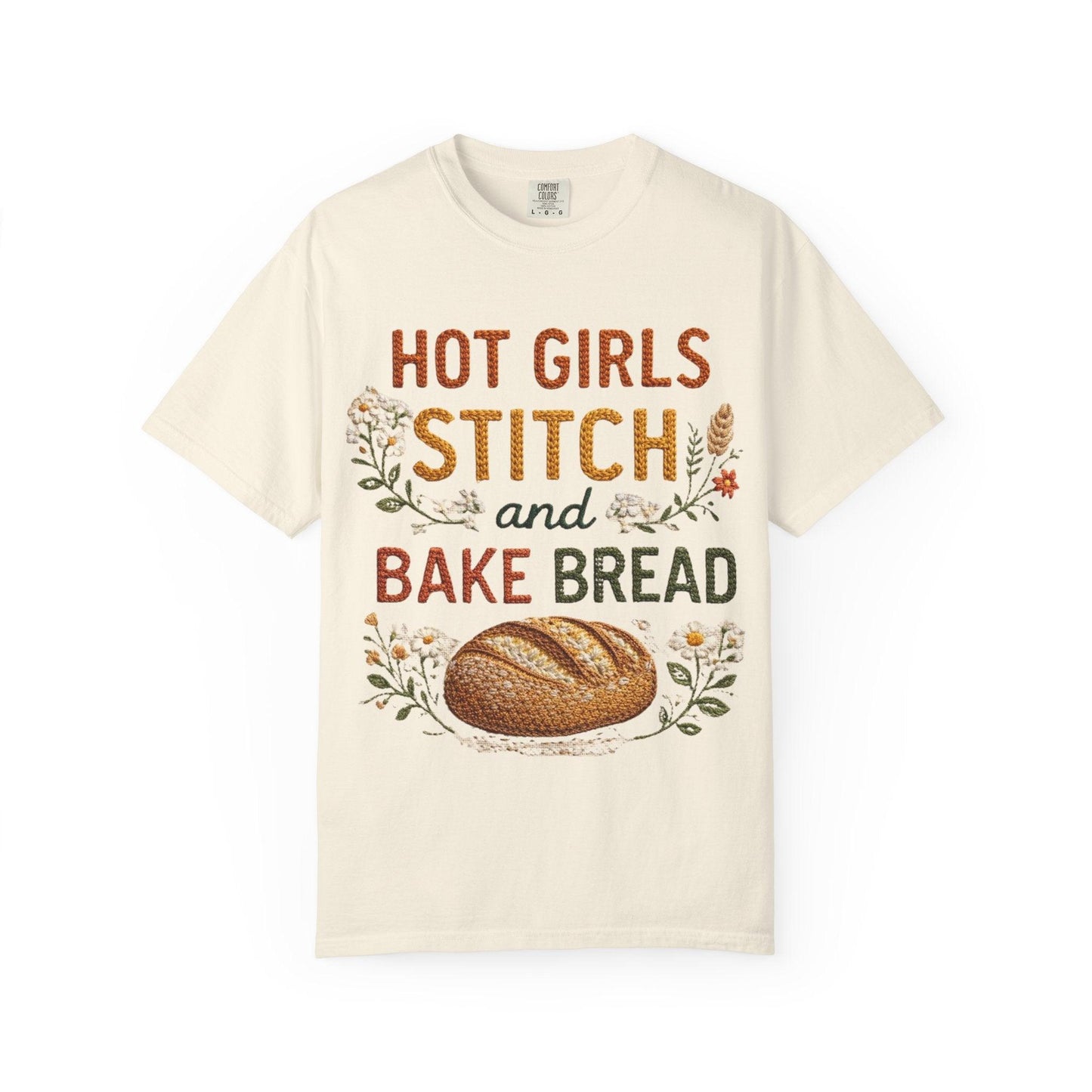 Hot Girls Stitch and Bake Bread T-Shirt | Bread Loaf Floral Embroidery Design