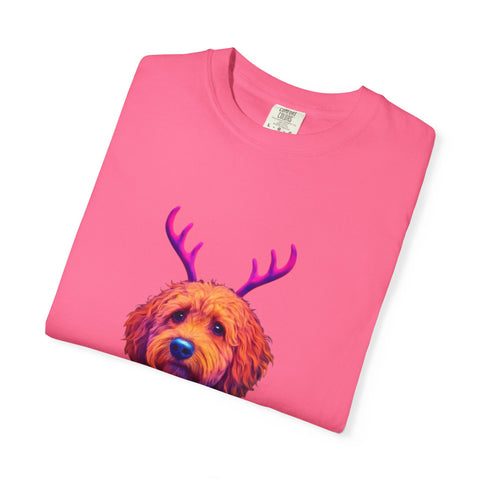 Golden Doodle in Reindeer Antler Sweater T-Shirt | Holiday Dog Portrait