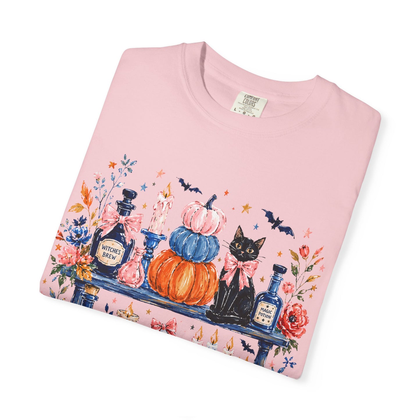 Autumn Apothecary Illustration T-shirt | Pumpkins, Black Cat, Potion Bottles