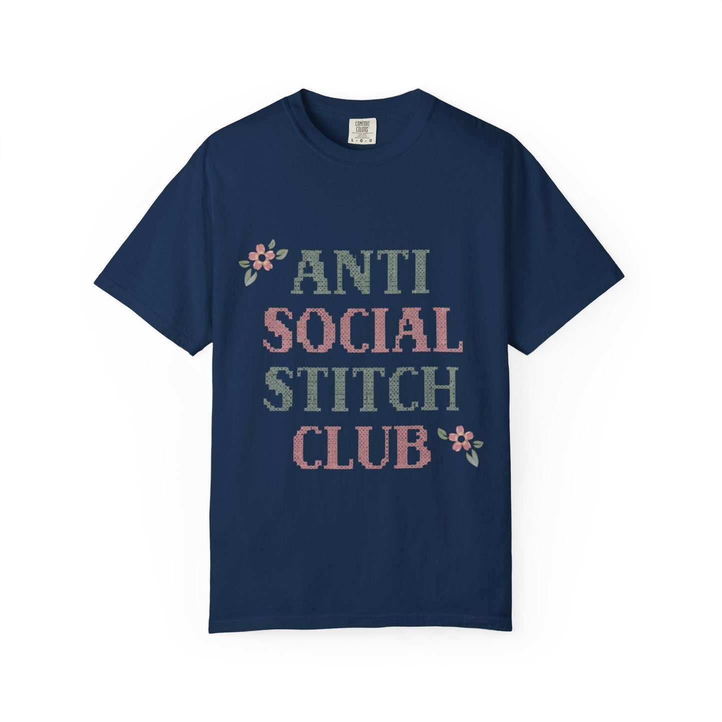 Anti Social Stitch Club T-shirt | Cross Stitch Floral Text Design