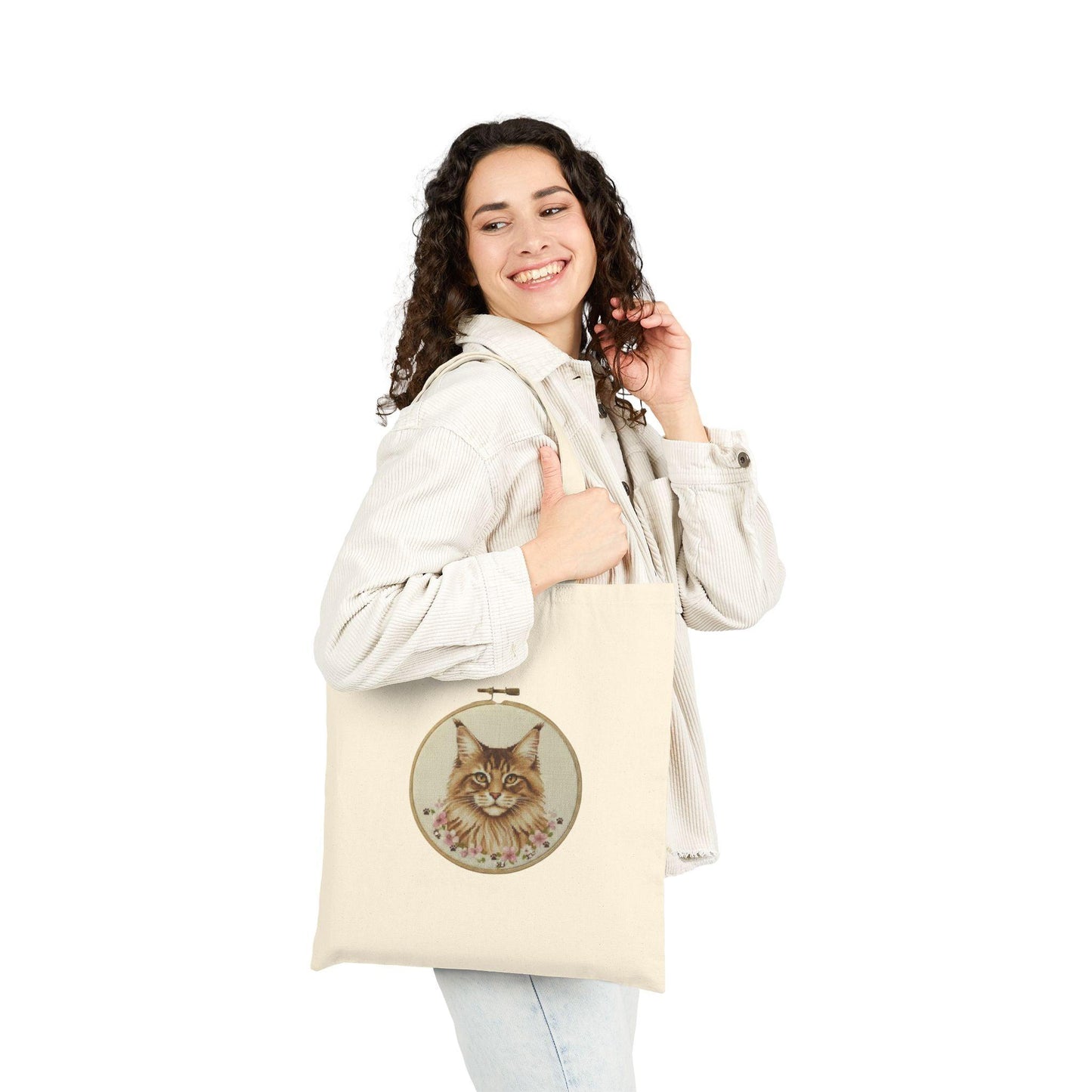 Vintage Floral Cat Portrait Tote Bag | Illustrated Maine Coon Canvas