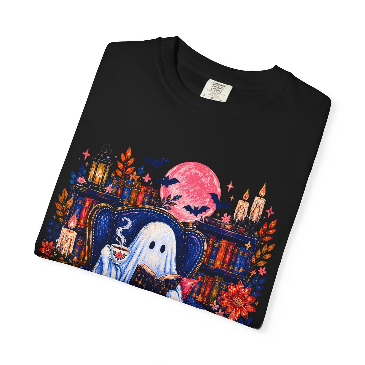 Cozy Reading Ghost T-Shirt | Bookish Halloween Illustration