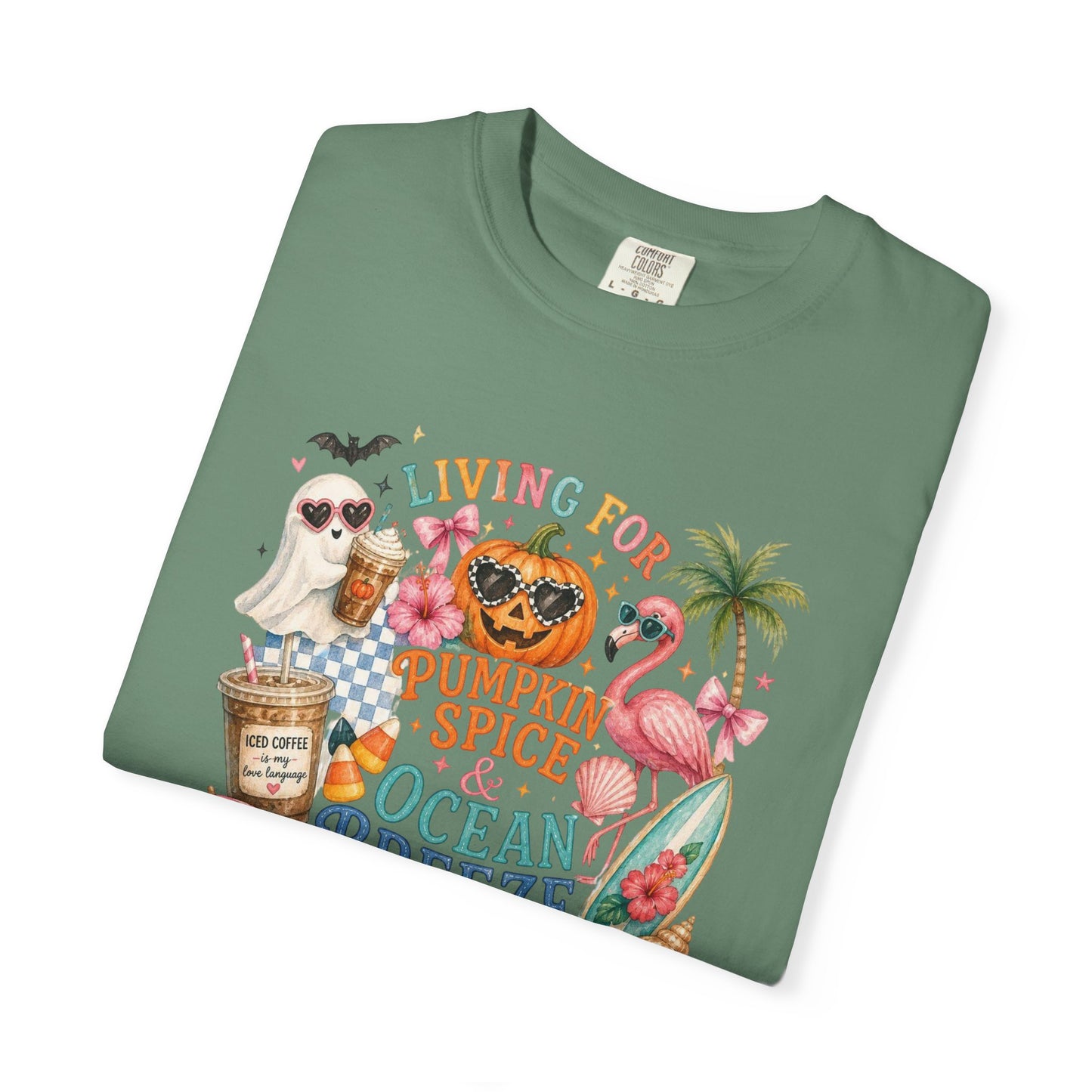 Pumpkin Spice & Ocean Breeze T-Shirt, Summerween Flamingo Shirt, Halloween Beach Tee, Tropical Spooky Season Graphic, Fall Vacation Shirt